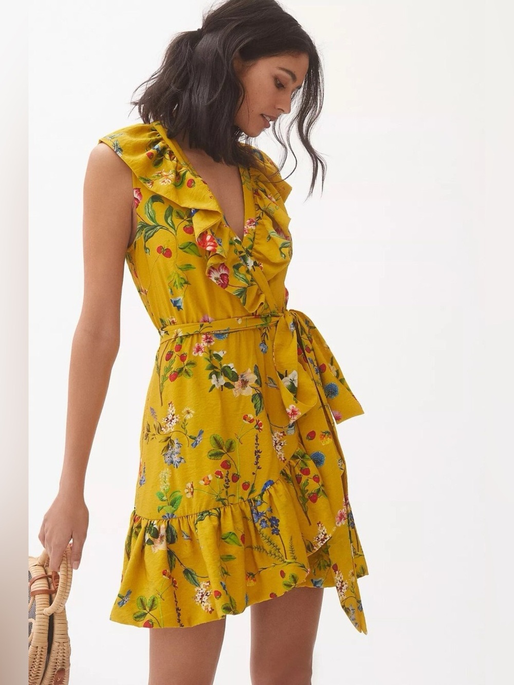 Maeve Anthropologie Yellow Strawberry Floral Ruffle Wrap Mini Dress NWT S